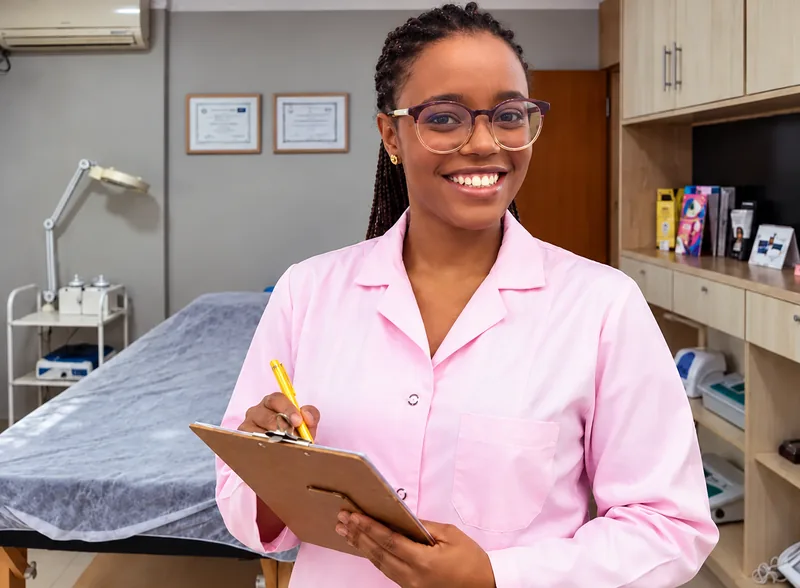 Profissional sorrindo em uma sala de atendimento estético