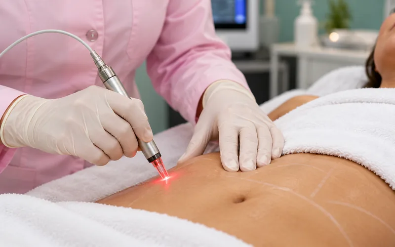 Profissional com luvas aplicando laser na região do abdômen de uma paciente deitada na maca